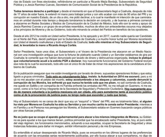 Guadiana acusa a Mejía Berdeja ante AMLO de usar las instancias de Gobierno en su contra