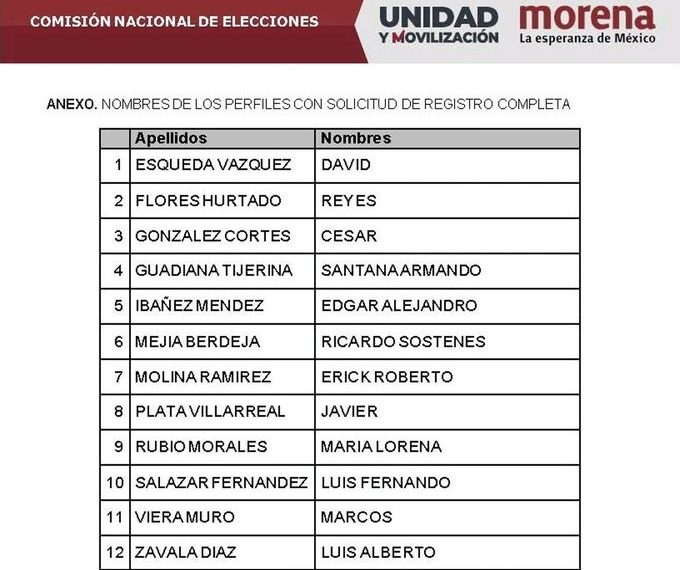 Son doce los aspirantes de Morena en Coahuila; incluye a Mejía Berdeja, Luis Fernando Salazar, Guadiana y Reyes Flores.