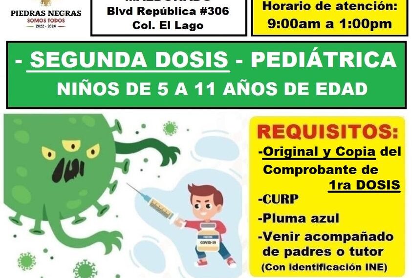 Mañana martes y el miércoles segunda dosis antiCOVID a niños en Piedras Negras