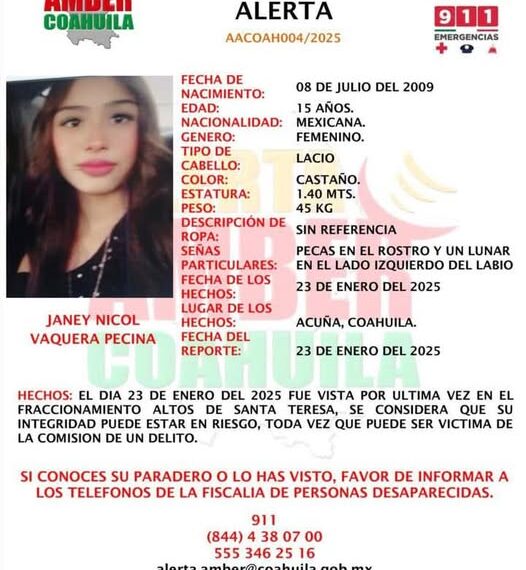 Reportan desaparecida a jovencita de 15 años en Acuña